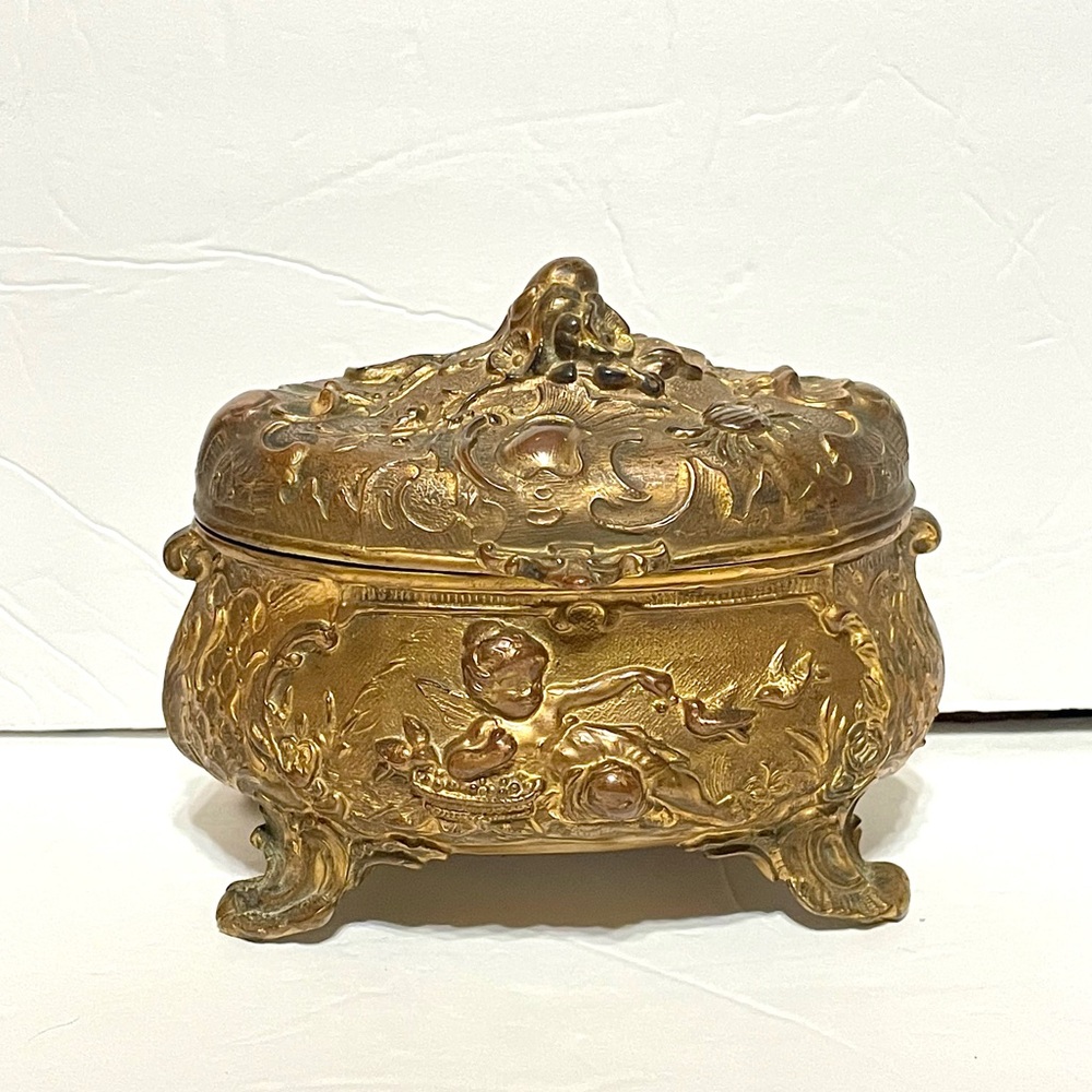 Rogers 19th Century Metal, Bronze Jewelry Box with Cherub and Birds Design